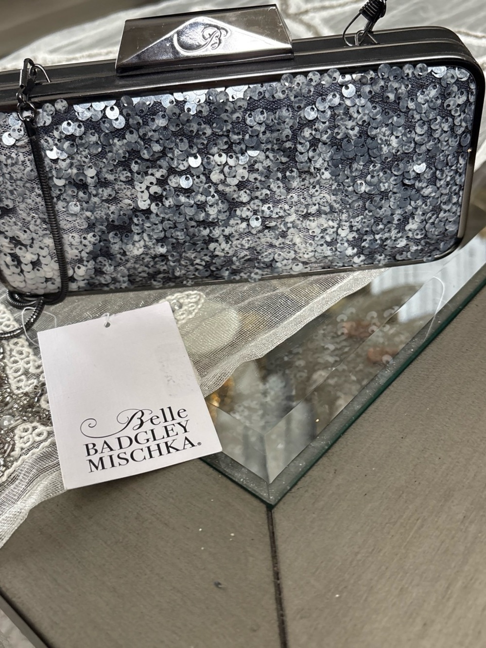 Badgley Mischka Black Satin Evening Clutch with Silver Frame